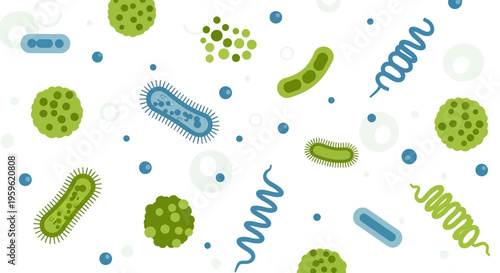 Microscopic Bacteria and Germs: Diverse Shapes and Colors on White Background