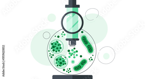 Microscope viewing bacteria and cells, scientific research, medical laboratory illustration