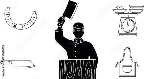 Butcher icons, meat shop symbols, kitchen tools, chef illustrations, black and white graphics