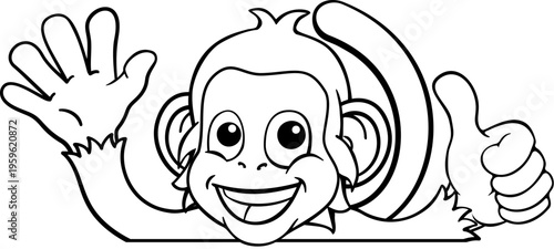 A monkey cartoon character animal peeking over a sign waving and giving a thumbs up