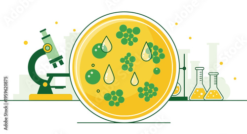 Microbiology research: petri dish with bacteria culture, microscope, and lab flasks