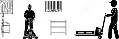 Warehouse icons, industrial symbols, logistics graphics, transportation signs