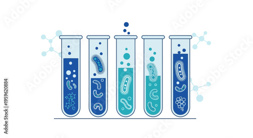 Microbiology research: test tubes with diverse bacteria cultures and molecules