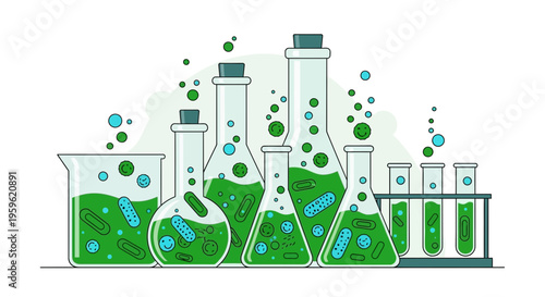 Microbiology experiment with bacteria in flasks and test tubes, green liquid, scientific research