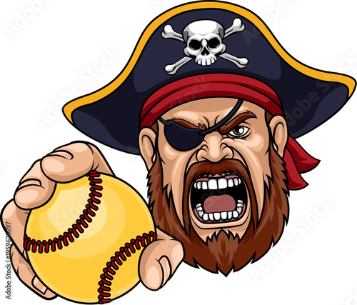 A Pirate man holding Softball ball sports team cartoon charcater mascot illustration.