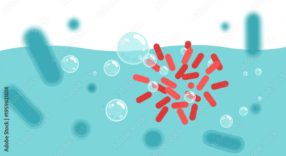 Fototapeta premium Microscopic bacteria and bubbles in blue liquid, science concept