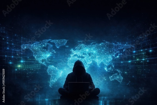 Hacker silhouette with glowing world map interface, cybersecurity and global network concept in dark blue tones.