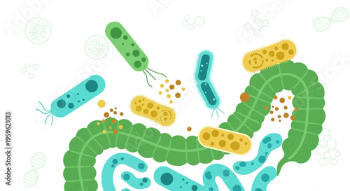 Gut Microbiome: Colorful Bacteria and Intestines Illustration