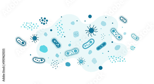 Microscopic Bacteria and Germs Illustration: Microorganisms, viruses, and cells in a blue abstract background.