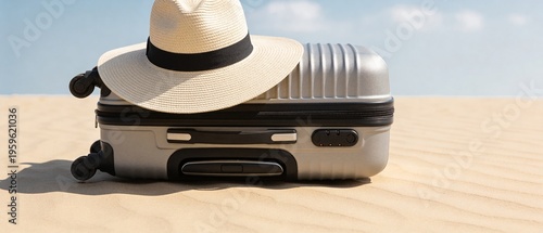 Suitcase and hat on sand dunes
