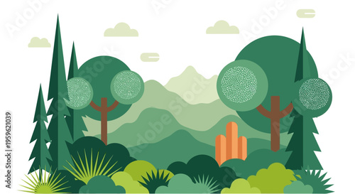 Modern Flat Vector Illustration of a Forest Landscape with Stylized Green Trees and Mountain Range Background