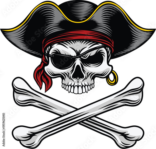 Pirate skull crossbones wearing a tricorn captain hat with crossing bones. In a vintage retro woodcut style.