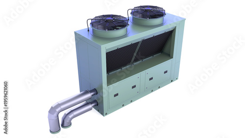 Roof Chiller AHU System - Air Conditioner. side view from above. 3D rendering isolated on white background. Ideal for professionals, educational, engineering, and industrial design