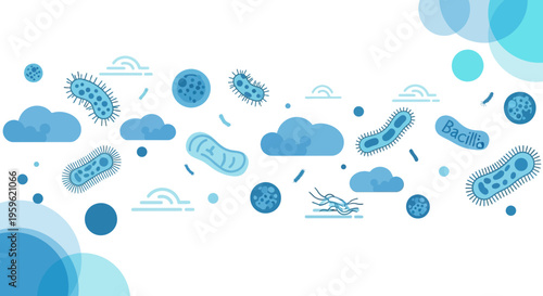 Microscopic Bacteria and Microbes in Blue Tones - Scientific Illustration