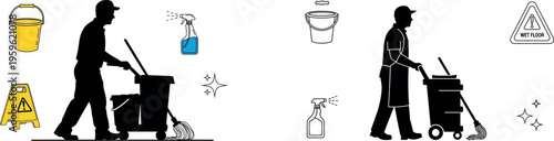 Janitorial icons, cleaning symbols, maintenance signs, service vector graphics