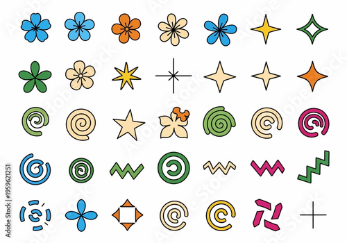 Colorful Y2K Aesthetic Vector Icon Set Featuring Retro Stars, Flowers, Spirals, and Geometric Shapes for Graphic Design and Sticker Elements