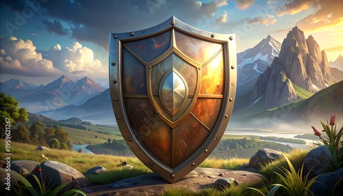 Epic Fantasy Shield Standing Proudly in a Majestic Mountain Landscape.