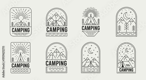 Set of 8 Minimalist Camping and Outdoor Adventure Logo Badges. Line Art Vector Emblems Featuring Mountains, Tents, Sun, and Moon for Travel, Hiking, and Nature Branding.