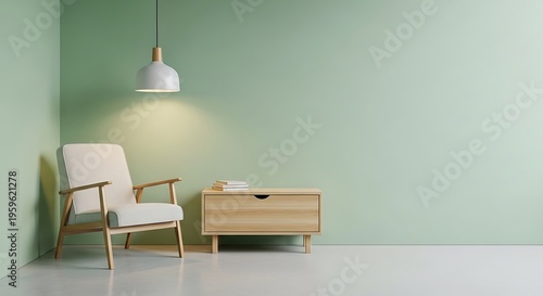 Minimalist living room interior with light green walls, a comfortable armchair, and a wooden cabinet under a modern pendant lamp.