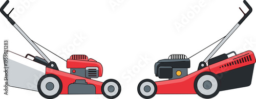 Lawn mower collection with push grass cutting machines, garden equipment vector illustration for landscaping, yard maintenance, and outdoor tools design