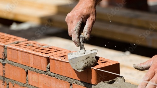 Bricklayer applying mortar with trowel on brick wall