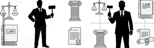 Law, justice, and legal system icons, black silhouettes, gavel, scales, lawyer, judge