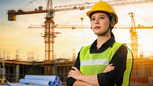 Female construction engineer wearing hard hat and safety vest