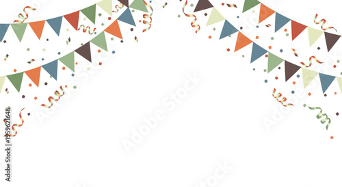 Festive Party Background with Earthy Tones Bunting Garlands, Rose Gold Confetti, and Streamers on White - Isolated Illustration for Celebration and Invitation