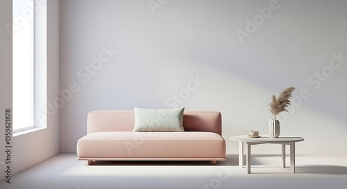 Minimalist living room interior with a soft pink sofa, a light green cushion, a small white side table, and a vase of dried pampas grass, bathed in natural light.