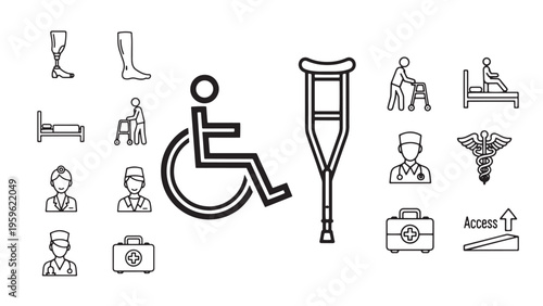 Accessibility and disability support concept with wheelchair prosthetic leg inclusive services healthcare assistance and equal opportunity line icon collection