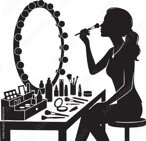 Silhouette of woman applying makeup with brushes and mirror, featuring cosmetics and beauty products on a vanity table