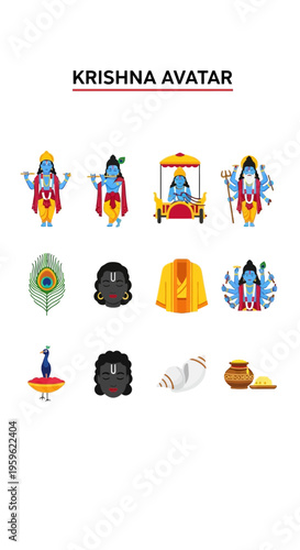 Grid of icons related to Krishna including figures objects and religious symbols