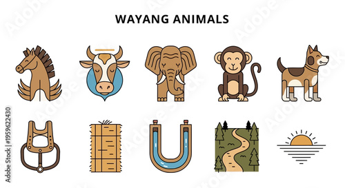 Row of five illustrated animals above five related objects titled WAYANG ANIMALS