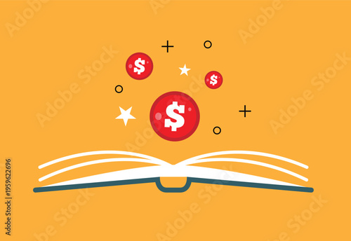Open Book with Money Flat Style on Colorful Background. Education, learning to earn and making a career