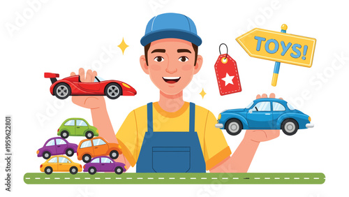 Toy Store Showcase: A cheerful store owner, surrounded by a colorful array of toy cars, joyfully presents a captivating display of playthings.