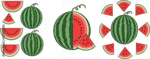 Watermelon collection with whole fruits and sliced pieces, fresh summer food vector illustration for healthy eating, juicy snack, and tropical design