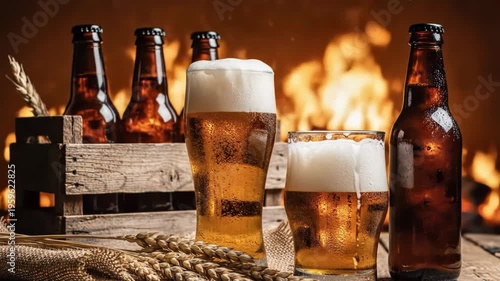 Cold craft beer pours and bottles by a warm fireplace
