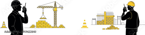 Construction workers, building site, yellow hard hats, industrial icons, vector graphics