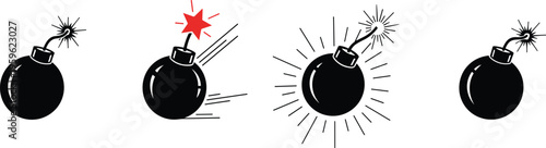 Cartoon bomb explosion set with lit fuse and burst effects, black silhouette vector illustration for danger, warning, and explosive symbol design