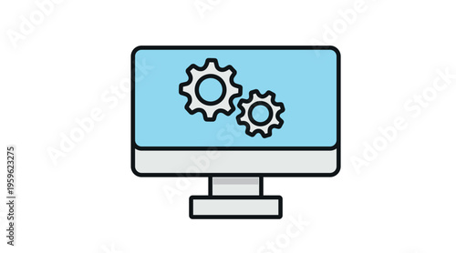 Desktop computer icon with gears or wheels, PC monitor settings and system optimization concept, flat vector illustration in light colors.