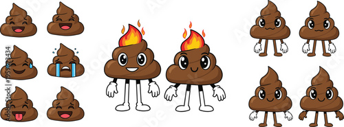 Funny poop emoji characters set with cute expressions and cartoon style variations, humorous vector illustration for stickers, social media, and playful design