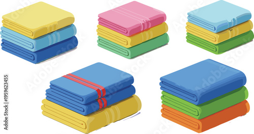 Folded towels stack collection in different colors, soft textile vector illustration for bathroom, laundry, hygiene, and home organization design