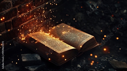 An open book with glowing pages on a dark background, magical lights and sparks flying from the pages, empty space for text in the center of the picture, a brick wall behind it, in the style of fantas