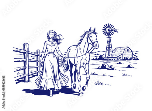 Vintage farm illustration with a woman walking a horse in the countryside with a barn and windmill.