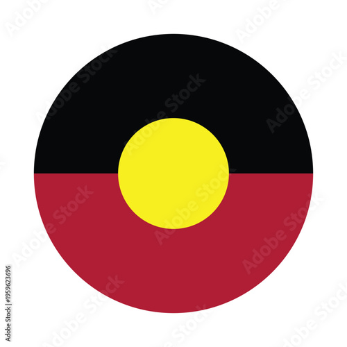 Round Aboriginal Flag Icon – Aboriginal Flag Circular Vector Badge with Standard Colors and National Symbol. Circle Flag Icon of Aboriginal, Button Badge Icon.
