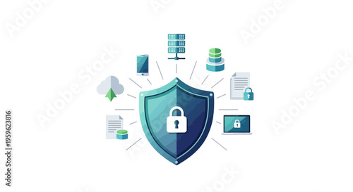 Cybersecurity icons, shield and protection symbols, data security, blue and white vector graphics