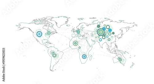 World map, global locations, city network, blue green icons