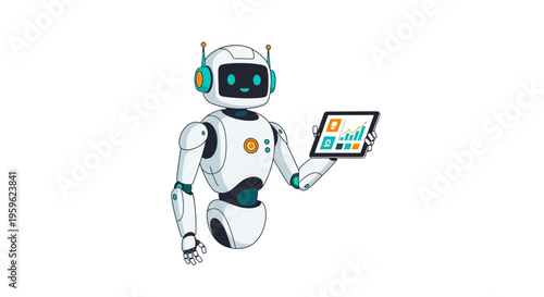 Robot, futuristic android, white metallic body, holding tablet, blue and orange accents