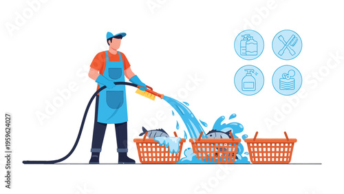 Fish Cleaning and Processing: A worker meticulously cleans and processes fresh fish, utilizing a high-pressure hose to maintain hygiene and quality control during preparation.