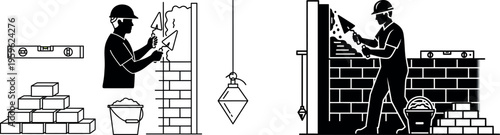 Mason illustrations, bricklayer silhouettes, construction workers, building icons, black and white